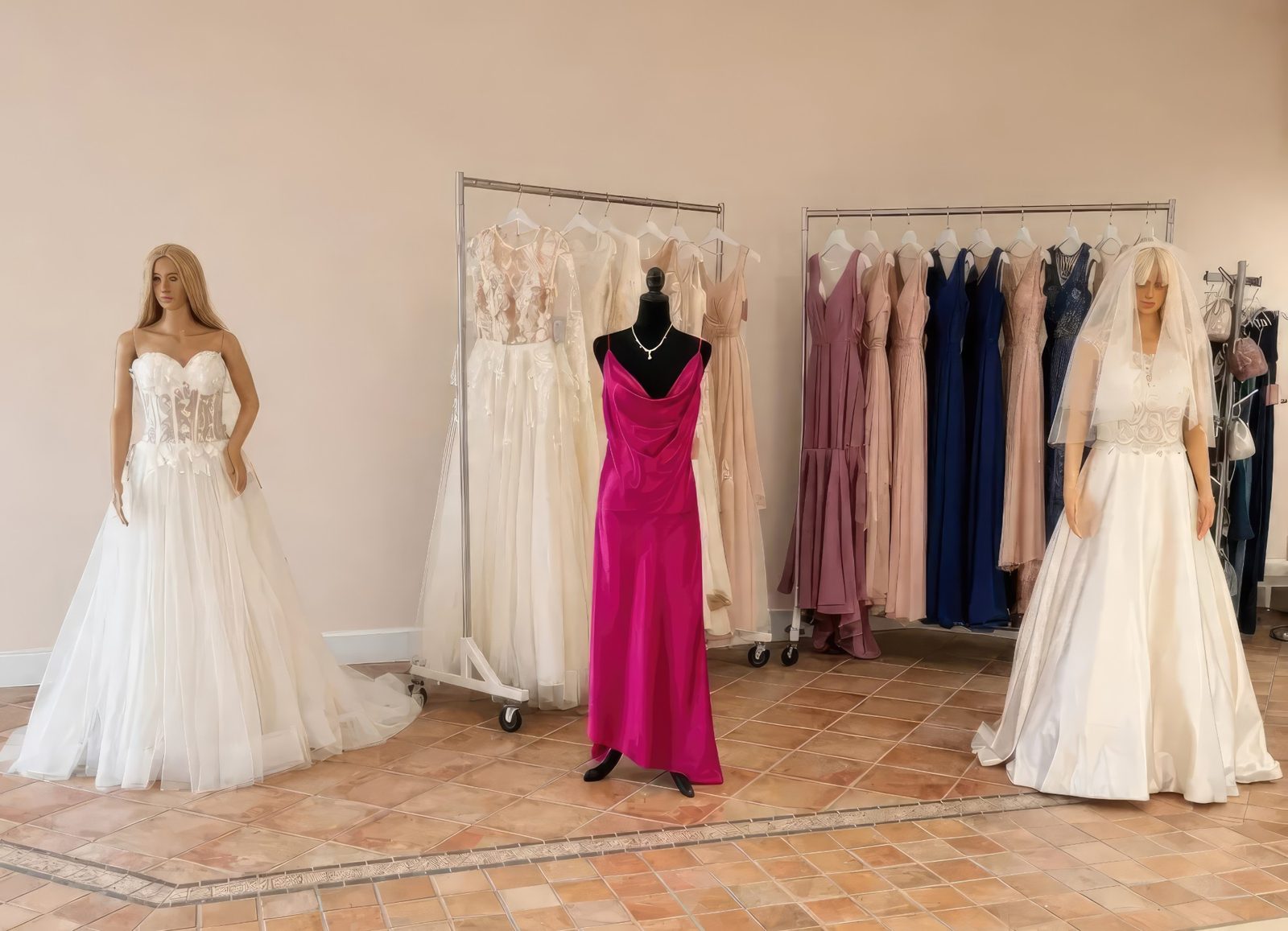 Wedding gowns on display in the studio showroom, with racks of evening and bridesmaid dresses