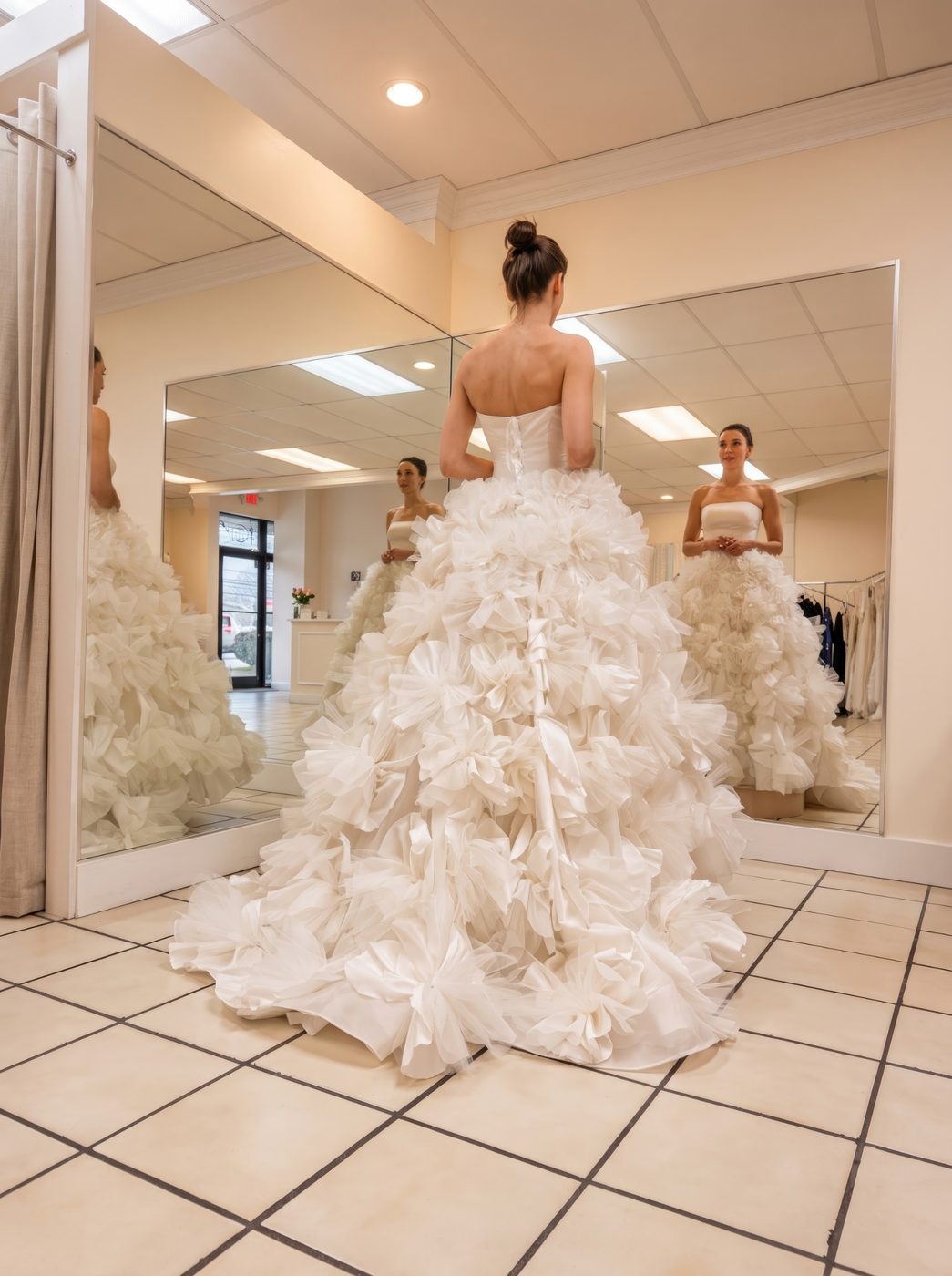 Client in an ivory ball gown with sculpted ruffles, at a fitting in front of the studio mirrors